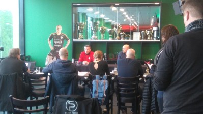 Sixten Boström (red shirt) talks to the Press Corps at OmaSp Stadion, Seinäjoki.